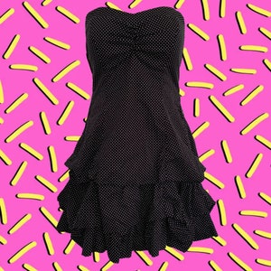 Vintage 90&#39;s Black & White Polka Dot Strapless Dress • Triple Layer Bubble Skirt • Gathered Bust (with padding!) • Stretchy Comfy and Cute!