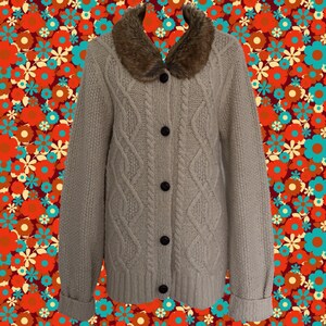 Vintage 80&#39;s Fisherman Sweater • Cardigan Sweater with Faux Fur Collar • Wool & Acrylic • Oversized and Cozy