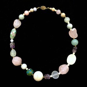 Vintage 80&#39;s Beaded Necklace • Includes Rose Quartz, Cloisonne, and Amethyst Beads • Click-lock Clasp • Choker Length