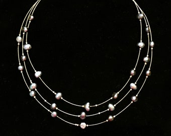 Vintage 80's Triple-Strand Floating Necklace • Awesome Dark Iridescent Beads • Super Thin Silver Wire • Super Lightweight