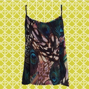 Vintage 90&#39;s Peacock Patterned Strappy Tank • Racer + Split Open Back • Silky Texture • Watercolor-like Pattern
