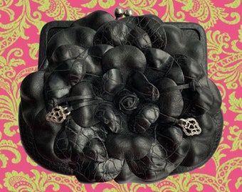 Vintage 80's Black Leather Flower Purse • Removable Chain Straps • Hinged w/Kiss Clasp • w/ID Pocket • Intricate Silver Bead Accent on Front