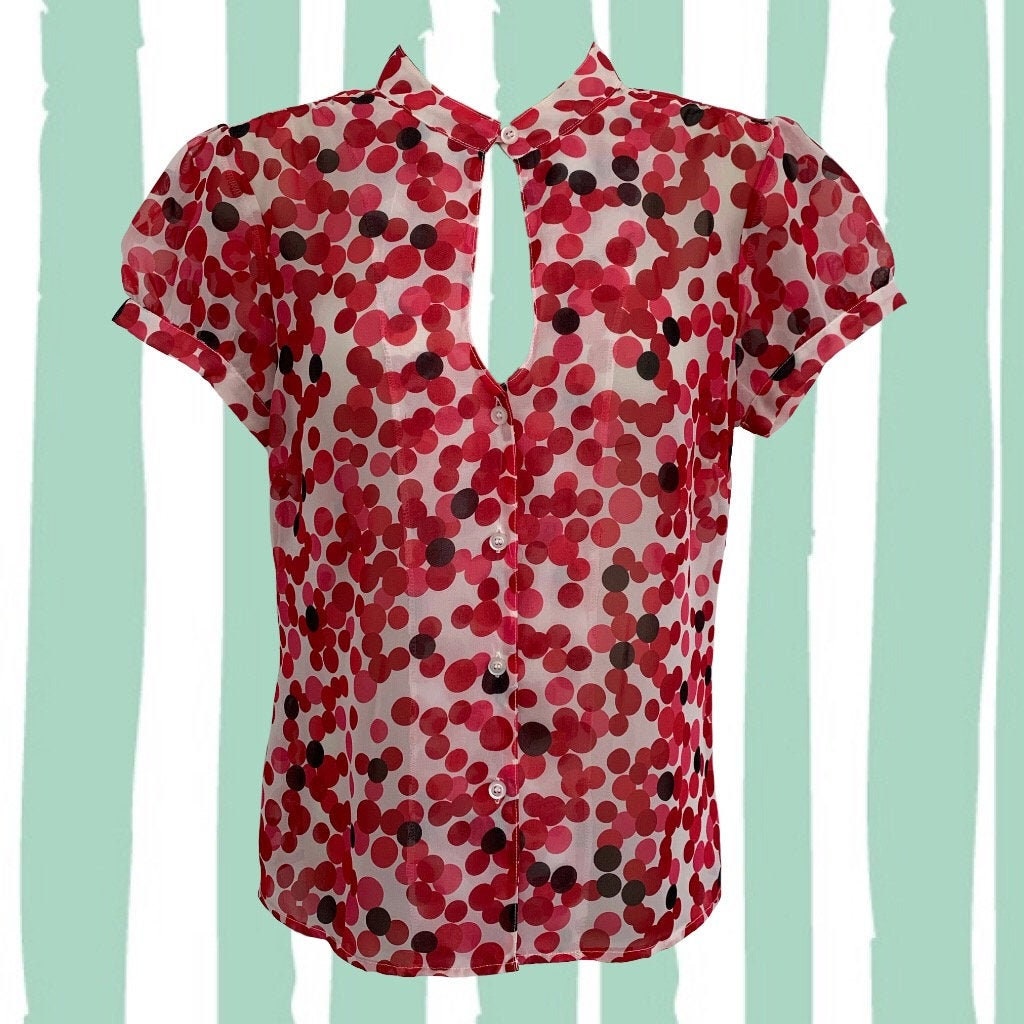 Vintage 00’s Polka Dot Blouse • Red, Pink & Black Dots on White • Peephole Neckline • Puffed Sleeves • Sheer Material • Super Cute!