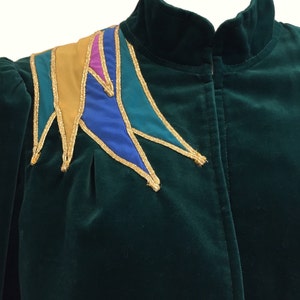 Vintage 1970's Velvet Skirt Suit by Gideon Oberson Forest Green Bright Colors and Gold Applique Puff Sleeves image 2