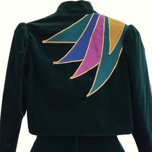 Vintage 1970's Velvet Skirt Suit by Gideon Oberson Forest Green Bright Colors and Gold Applique Puff Sleeves image 3