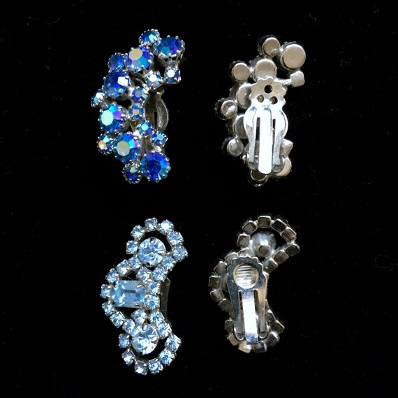 Vintage 1950's Blue Rhinestone Earrings • Two Pai… - image 2