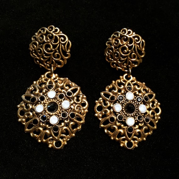 Vintage 1980's Gold-Toned Filigree Earrings • with Black Rhinestones and Moonstones • Dangly but Lightweight