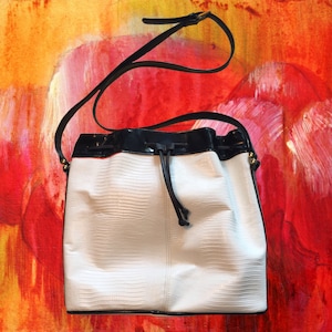 Vintage 80&#39;s Ann Klein for Calderon Bag • White with Black Accents • Embossed Leather • Gathered Top • Never Been Used