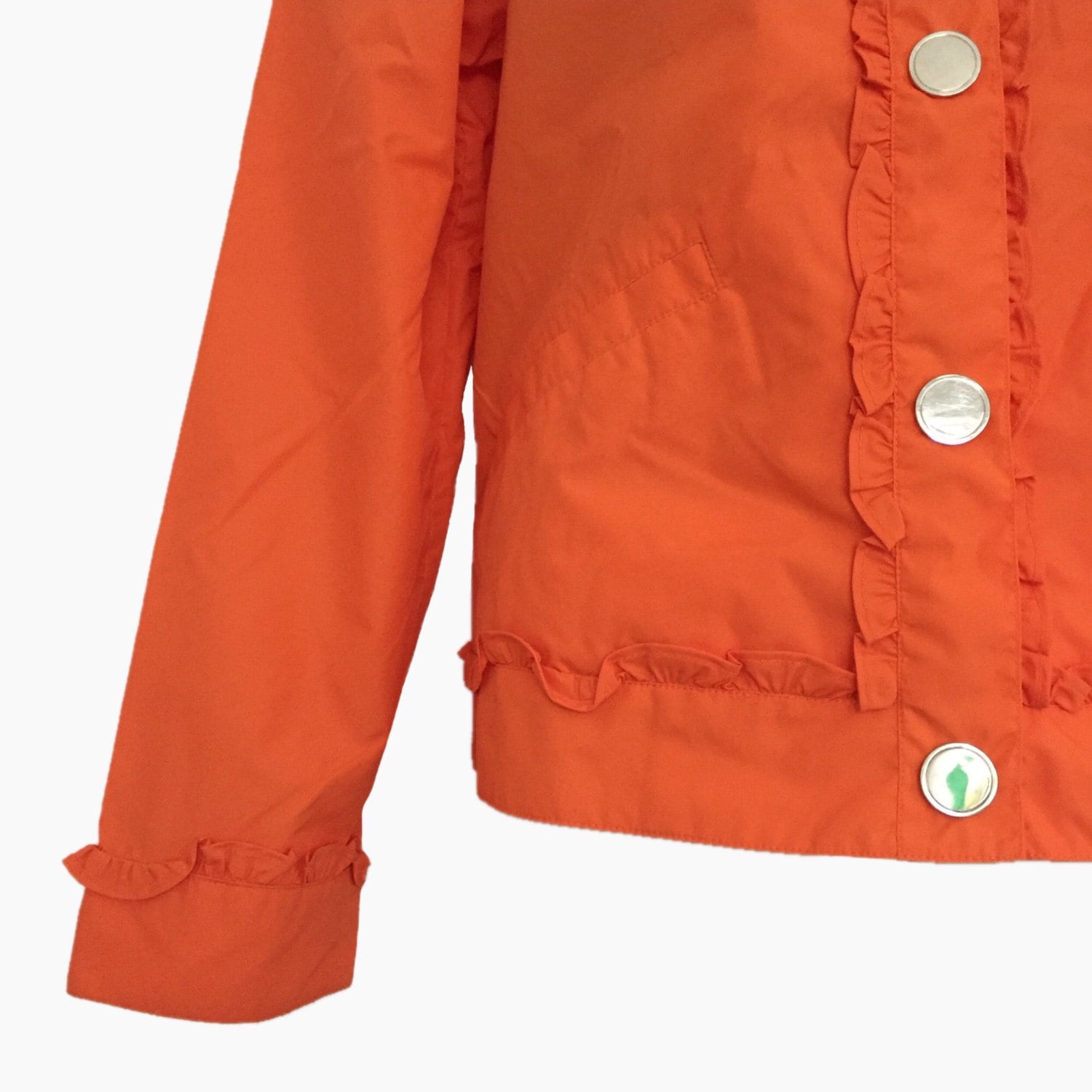 Super Cute Bright Orange Rain Jacket With Small Ruffle Detailing Mirror