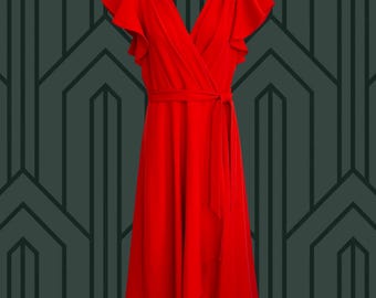 Vintage 00's Bright Orange DKNY Wrap Style Dress • with Flutter Sleeves and Split Hemline • with Matching Tie Belt • Flattering to All!
