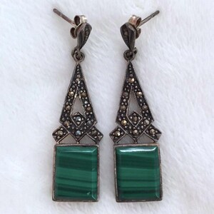 1980&#39;s Art Deco Style Earrings • Silver and Malachite • Dangly Earrings • Dressy Earrings