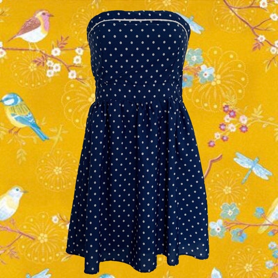 Vintage 90's Polka Dot Strapless Dress • in Navy … - image 1