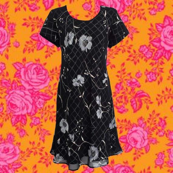 Vintage 80's Black and White Floral Dress • Sheer… - image 1