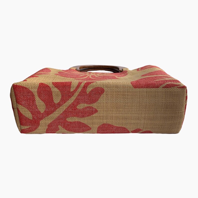 Vintage 90/'s Raffia Straw Bag with Red Flower Print \u2022 Brown Wooden Handles \u2022 Fully Lined wInterior Pocket \u2022 Super Clean Great Condition!