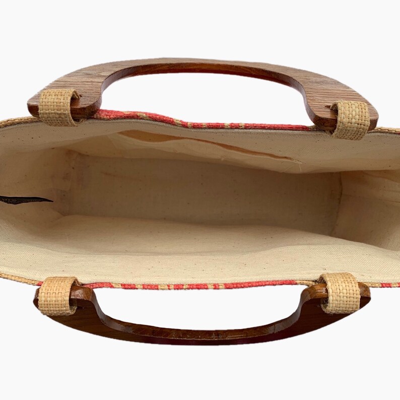 Vintage 90/'s Raffia Straw Bag with Red Flower Print \u2022 Brown Wooden Handles \u2022 Fully Lined wInterior Pocket \u2022 Super Clean Great Condition!