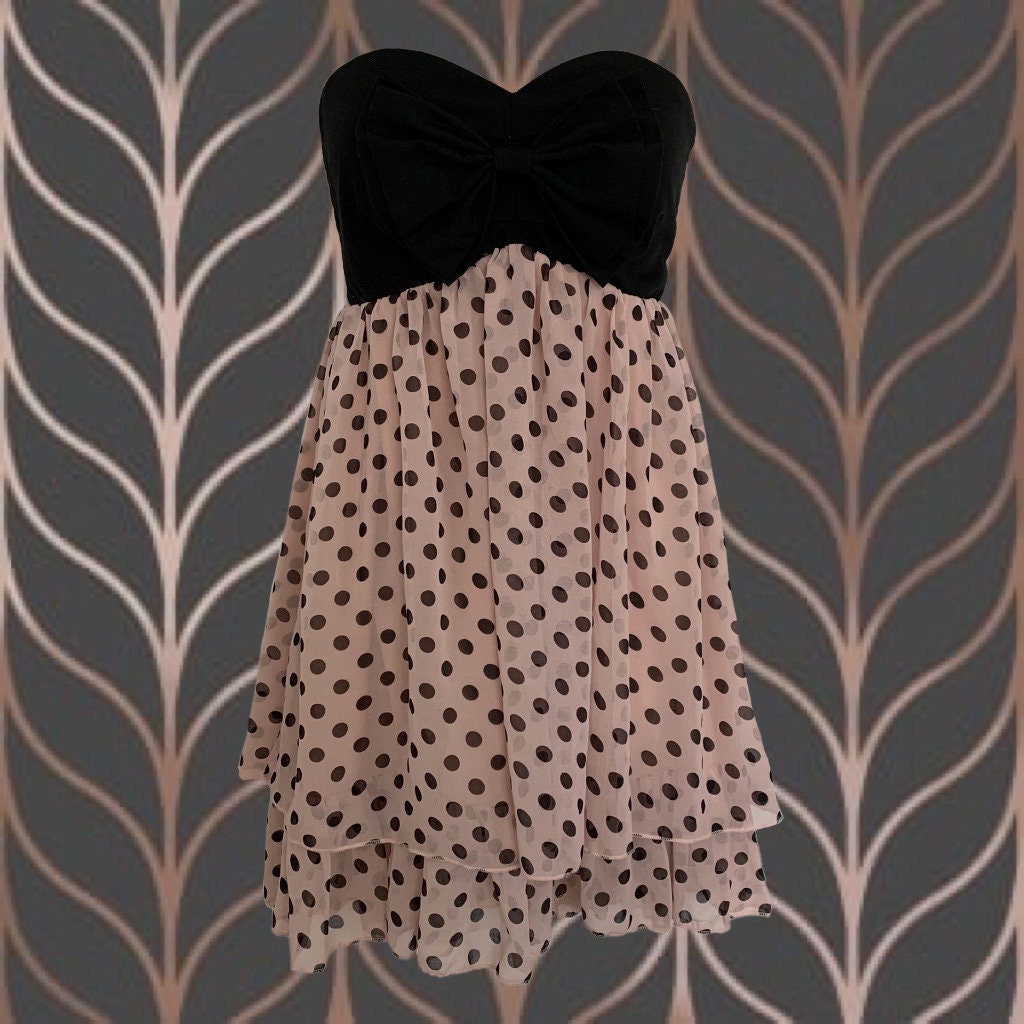 Vintage 90's Strapless Dress  Black & Baby Pink  Ruffled Polka Dot Skirt   Sweetheart Neckline With Bow  Empire Waist  Super Cute! - Etsy