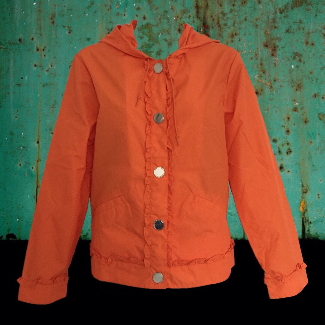 Super Cute Bright Orange Rain Jacket With Small Ruffle Detailing Mirror
