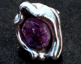 Anillo de amatista de estilo funky de los años 70 • Firmado por el artista • Plata de ley con amatista sin pulir