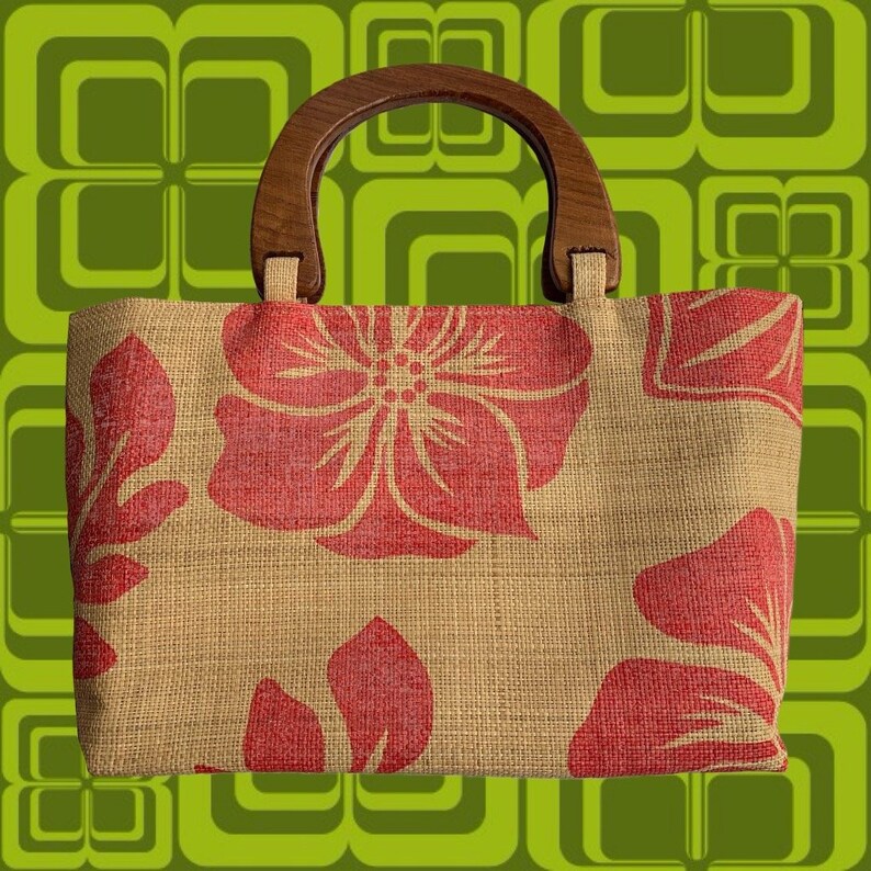 Vintage 90/'s Raffia Straw Bag with Red Flower Print \u2022 Brown Wooden Handles \u2022 Fully Lined wInterior Pocket \u2022 Super Clean Great Condition!