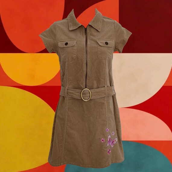 Vintage 90's Beige Corduroy Dress • Zip Front • A… - image 1