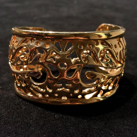 Vintage 80's Gold-Toned Cuff Bracelet • Cut-out P… - image 1