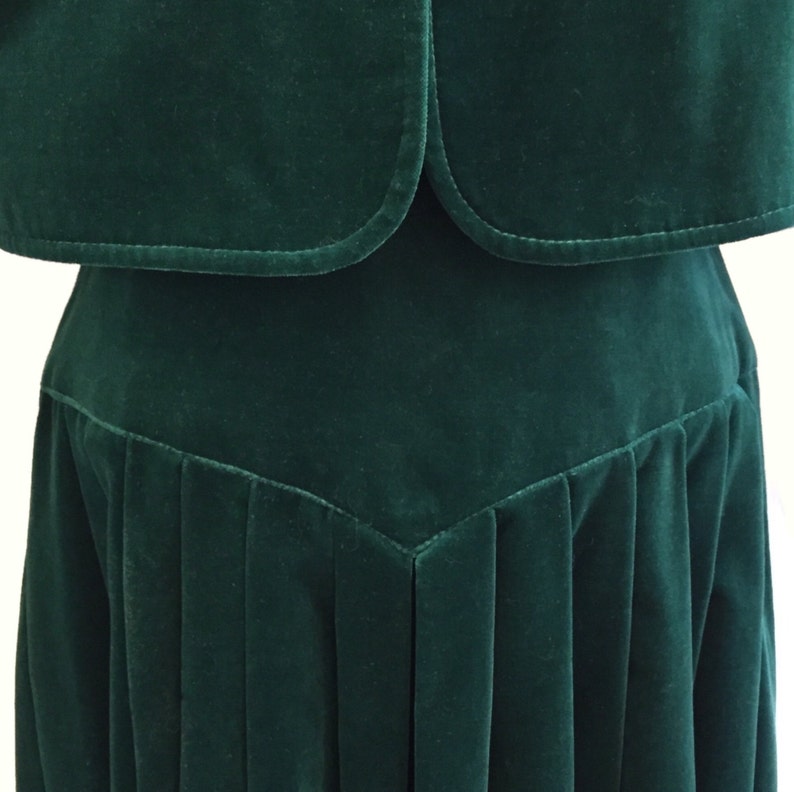 Vintage 1970's Velvet Skirt Suit by Gideon Oberson Forest Green Bright Colors and Gold Applique Puff Sleeves image 4