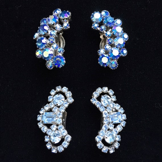 Vintage 1950's Blue Rhinestone Earrings • Two Pai… - image 1