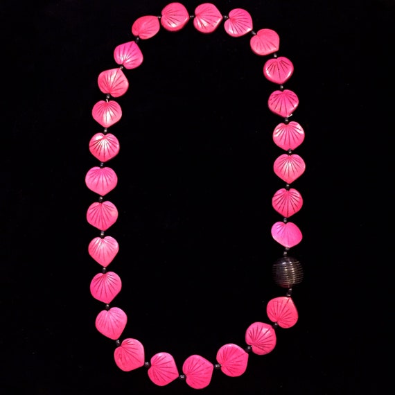 Vintage 80's Hot Pink Wooden Beaded Necklace • Hand-Carved Leaf Beads w/Small Brown Beads & One Large Brown Bead • Asymmetrical + Awesome