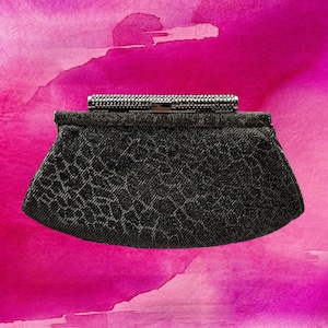 Vintage 90&#39;s Metallic Evening Clutch • Subtle Animal Print • Rhinestone Encrusted Handle • Hinged Opening • Silver Metal Strap • Perfect