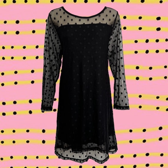 Vintage 90's Black Polka Dot Lace Dress • Sheer Polka Dot