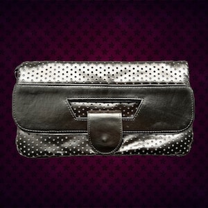 Vintage 00&#39;s Shiny Silver Foldover Clutch • Unfolded to Handbag • Hole Punch Pattern Over White Backing • with Wrist Strap