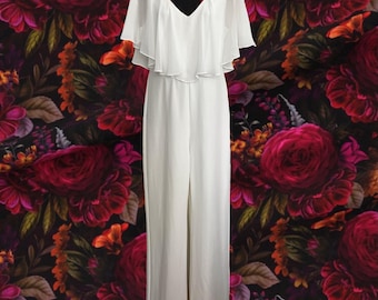 Vintage 00's White Jumpsuit with Sheer Overlay • Deep V Neckline • Sleeveless • Clean, Crisp One-Piece Perfection