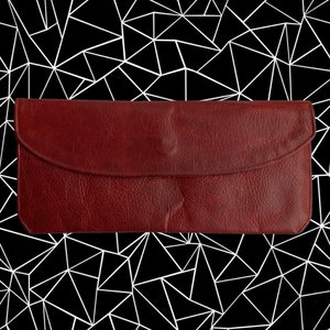 Vintage 90&#39;s Flat Red Leather Clutch • Shiny, Textured Leather • Flap with Magnet Closure • Hot Pink Interior • Simple and Perfect
