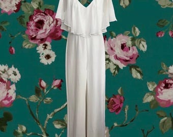 Vintage 00's White Jumpsuit with Sheer Overlay • Deep V Neckline • Sleeveless • Clean, Crisp One-Piece Perfection