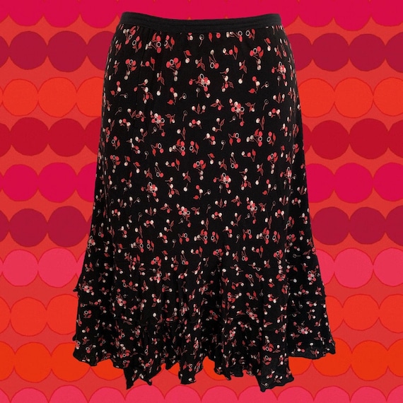 Vintage 90's Cherry Pattern Skirt • Black, Red & … - image 1