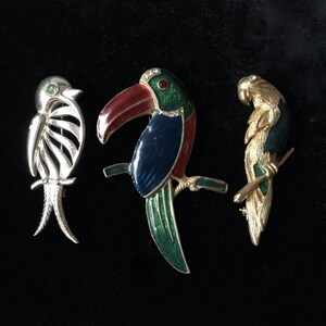 1980&#39;s Bird Brooches • 3 Available • Silver Bird • Full Color Enamel and Gold Toucan • Enamel and Gold Parrot • Rhinestone Eye Accent