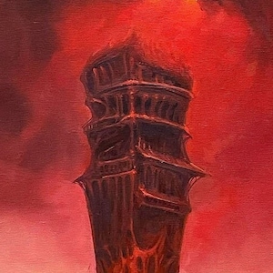 Czerwona Wieża - Fantastyczny surrealistyczny pejzaż, oryginalny obraz olejny