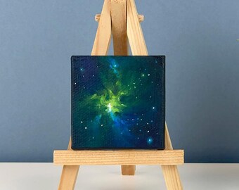 Miniature Galaxy Oil Painting | Tiny Space Wall Art | Green Cosmic Spiral Decor | Starry Night Canvas | Original Space Art