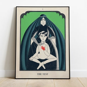 May include: A green and black illustrated tarot card with the text "The Test" at the bottom. The card depicts a woman in a black robe with a white collar and a young person sitting in front of her. The woman has a stern expression and the young person has a worried expression. The young person is wearing a white shirt with a red hand over their heart.