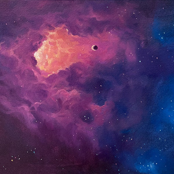 TRANSITS VI - Art spatial, Galaxie, Nébuleuse, Étoiles, Peinture à l’huile originale encadrée