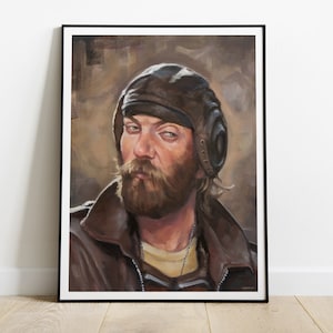 May include: A painting of a man with a beard wearing a brown leather jacket and a brown leather cap with ear flaps. The background is a muted brown colour.