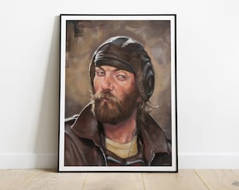 May include: A painting of a man with a beard wearing a brown leather jacket and a brown leather cap with ear flaps. The background is a muted brown color.