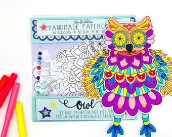 Owl Craft Kit, Childrens paper craft, Paper DIY Owl,kids craft kit, Stocking filler, Mindful colouring, kids colouring, Adult colouring