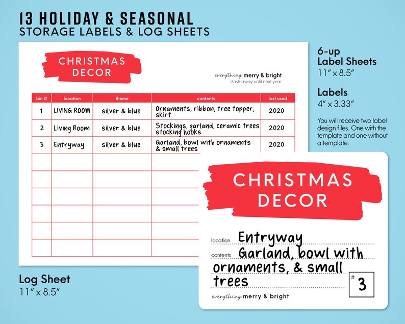 Holiday and Seasonal Storage Labels for Bins and Boxes and Storage Log