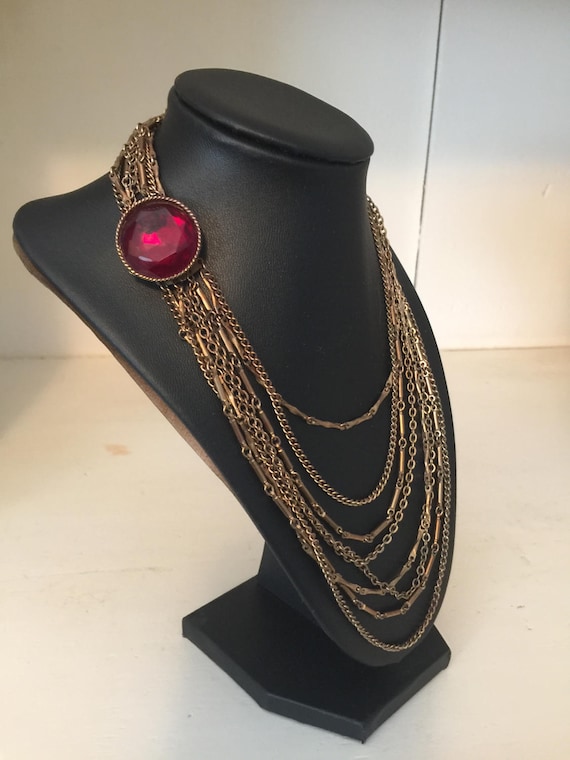 Vintage Art Dec Brass Chain with Garnet Cushion Cu