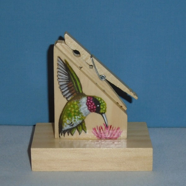 Handmade Wooden Hand Painted Hummingbird Note/Recipe Holder Wild Bird Small Gift