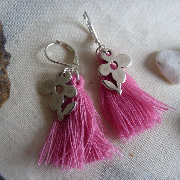 Child earrings pink Pompom and flower (support Silver 925) charm