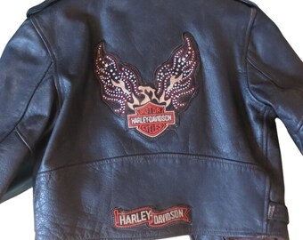 Vintage 80's Genuine Leather Biker Jacket With Authentic Vintage Harley Davidson Back Patches