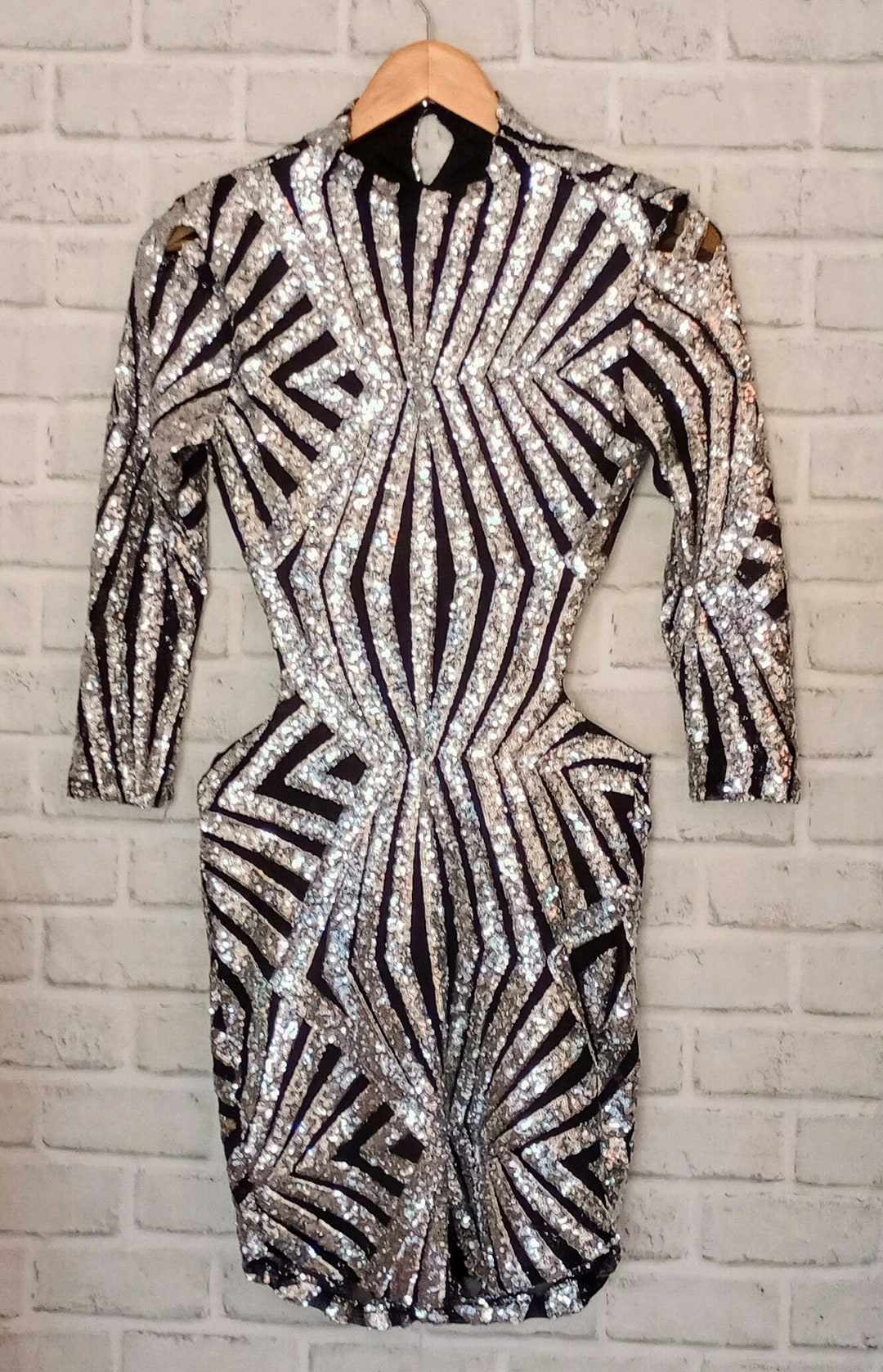 Silver Sequin Mini Dress With Black Lace Cut Out Design/lined With ...