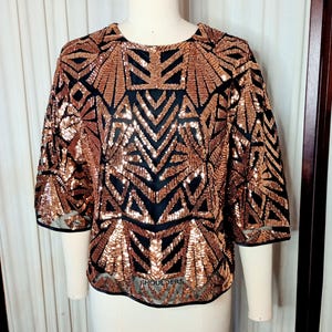 Vintage Sequence Copper Colored Blouse With With Sheer Cut Out Detail And Sheer Lining/NWT/By Everly/Size M